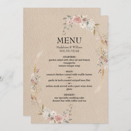 Menu Vintage Rustic Boho Mariage (Devant / Derrière)