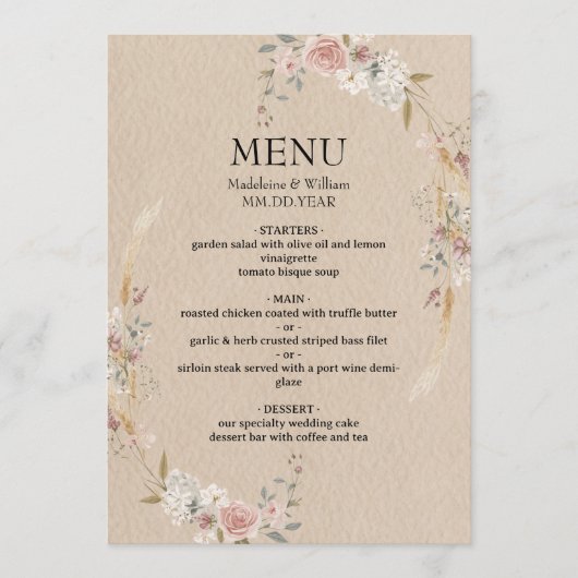 Menu Vintage Rustic Boho Mariage (Devant)