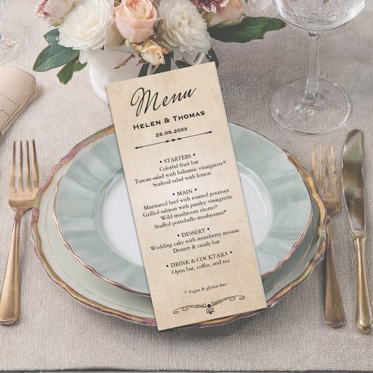 Menu vintage Rustique Parchment Mariage