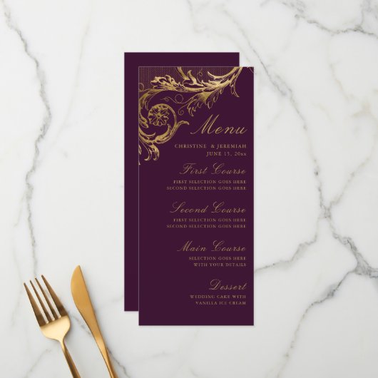 Menu Vintage violet Floral Mariage damassé (Devant/Arrière en situation)