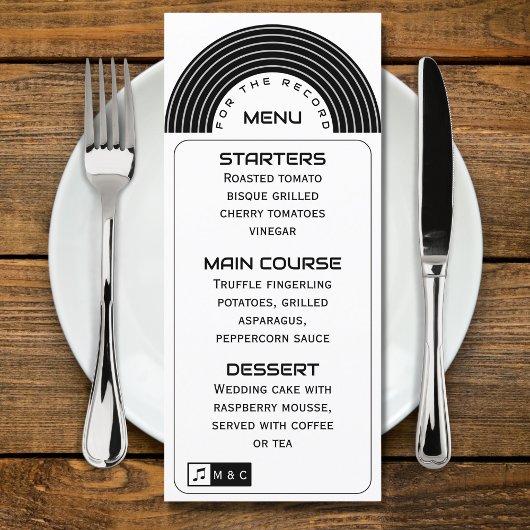 Menu Vinyl Record Mariage musical noir et blanc