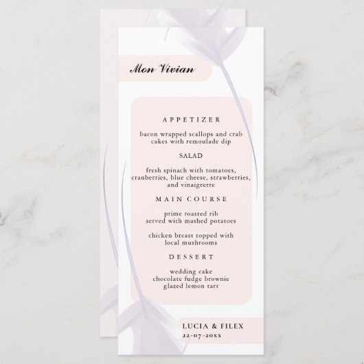 Menu Violet Lavande & Peach Couleur Nom d'hôte Dîner (Devant / Derrière)