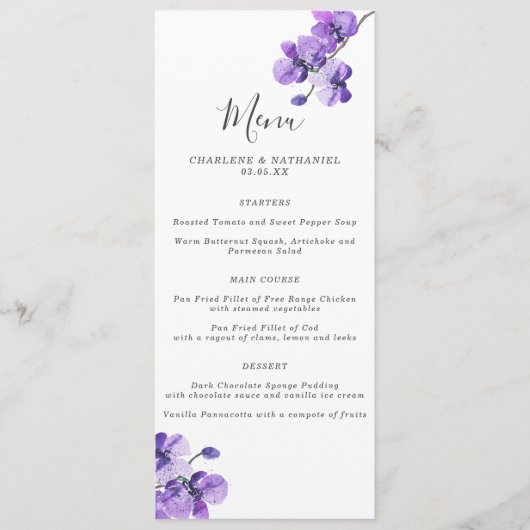 Menu Violet Waterverf Orchid Wedding (Voorkant)