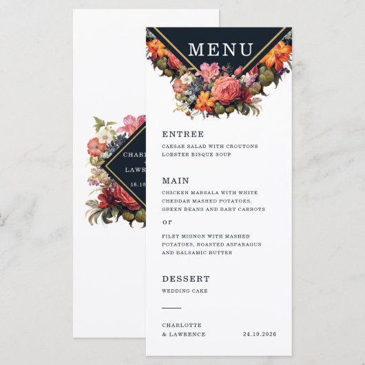 Menu voor bruiloft in  bloemenstijl en retro (Voorkant / Achterkant)
