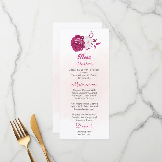 menu voor fuchsia & white floral bruiloft (Voorkant / Achterkant in situ)