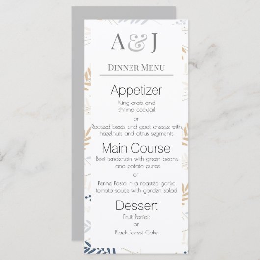 Menu Vos Initiales avec Feuilles de Fougère Bleues et B (Devant / Derrière)