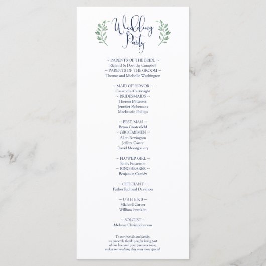 Menu Watercolor Blue Blooms & Greenery Wedding Programm (Dos)
