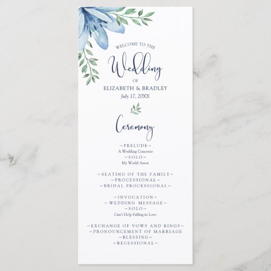 Menu Watercolor Blue Blooms & Greenery Wedding Programm (Devant)