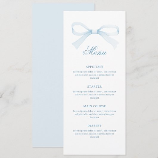 Menu Watercolor Blue Bow Classic (Devant / Derrière)