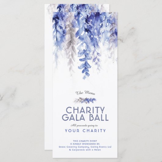 Menu watercolor blue grey gala événement caritatif (Devant / Derrière)