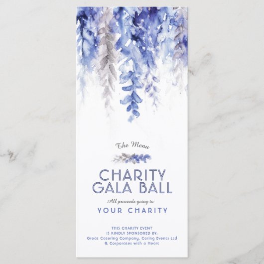 Menu watercolor blue grey gala événement caritatif (Devant)