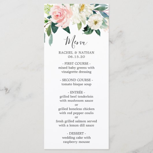 Menu Watercolor Blush Pink & White Bloom Floral Wedding (Devant)
