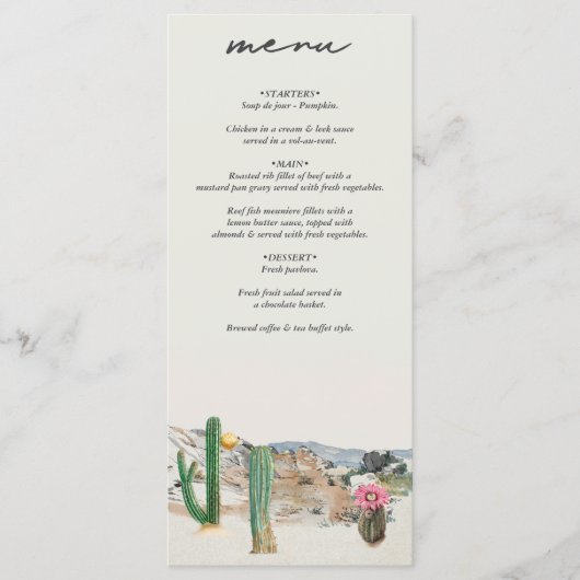 Menu Watercolor Desert Cactus Boho Wedding (Devant)