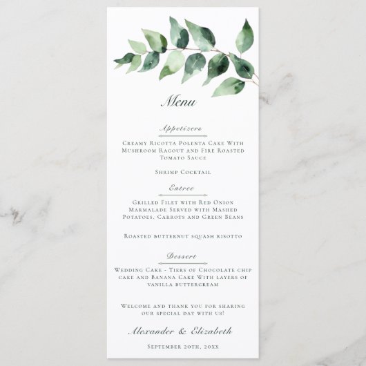 Menu Watercolor Eucalyptus Wedding | White (Devant)
