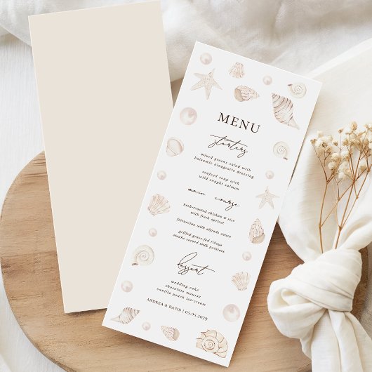 Menu Watercolor Seashells Pearls Beach Nautical Wedding