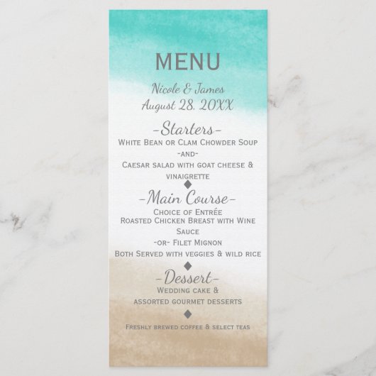 Menu Watercolor Turquoise & Tan Elegant Beach Wedding M (Devant)