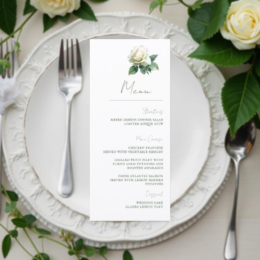 Menu Watercolor White Rose Elegant Botanical Wedding