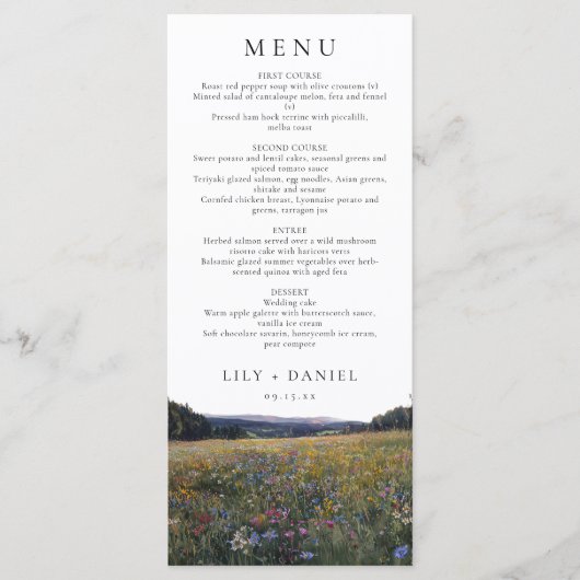 Menu Watercolor Wildflowers Floral Meadow Wedding (Devant)