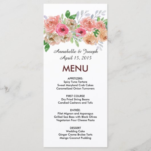 Menu watercolors Florals Modern Botanical Wedding (Devant)