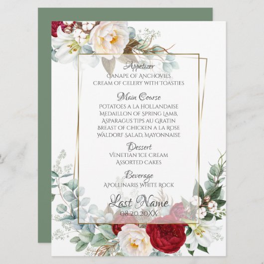 Menu Weddenschap | Bourgogne en ivory Peonies (Voorkant / Achterkant)