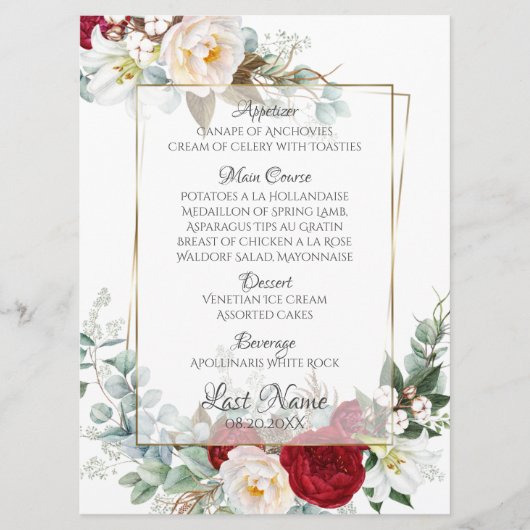 Menu Weddenschap | Bourgogne en ivory Peonies (Voorkant)