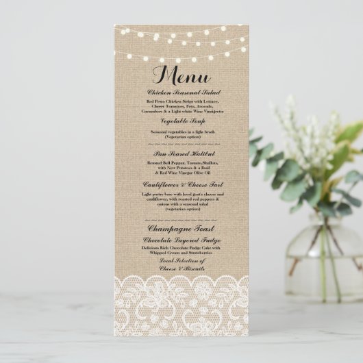 Menu Weddenschappen Reception Rustic Burlap Lace W (Staand voorkant)