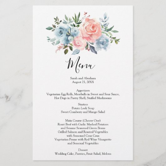 Menu Wedding Menus Menus Menues Waterverf Rozen (Voorkant)