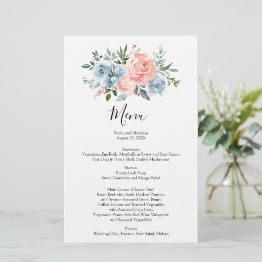 Menu Wedding Menus Menus Menues Waterverf Rozen (Staand voorkant)