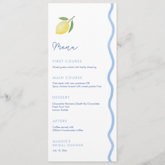 Menu Wedding shower tendance Citrons bleu clair à arête (Devant)
