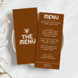 Menu Western Burange Orange Bull Skull Mariage moderne<br><div class="desc">Un menu de dîner mariage chaud orange vif et rétro à l'ouest. Ce qui présente un design modèle chic de boho vintage terre cuite brûlé arrière - plan orange et crème brillante typographie laiteuse et menu audacieux. Et le crâne de vache taureau de l'ouest dessiné à la main dans le...</div>