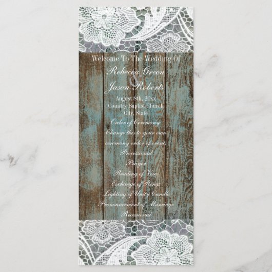 Menu western country bleu grange bois dentelle mariage (Devant)