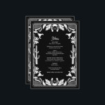 Menu Western Country Cowboy Rustique Mariage<br><div class="desc">Un design moderne de cowboy occidental avec des éléments dessinés à la main d'un crâne de vache, des fers à cheval, des ornements floraux et des cactus. Le mariage à bordure florale noir et blanc est orné de fleurs dessinées à la main, de cactus, de crâne de vache et de...</div>