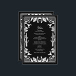 Menu Western Country Cowboy Rustique Mariage<br><div class="desc">Un design moderne de cowboy occidental avec des éléments dessinés à la main d'un crâne de vache, des fers à cheval, des ornements floraux et des cactus. Le mariage à bordure florale noir et blanc est orné de fleurs dessinées à la main, de cactus, de crâne de vache et de...</div>
