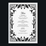 Menu Western Country Cowboy Rustique Mariage<br><div class="desc">Un design moderne de cowboy occidental avec des éléments dessinés à la main d'un crâne de vache, des fers à cheval, des ornements floraux et des cactus. Le mariage à bordure florale noir et blanc est orné de fleurs dessinées à la main, de cactus, de crâne de vache et de...</div>