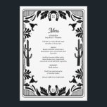 Menu Western Country Cowboy Rustique Mariage<br><div class="desc">Un design moderne de cowboy occidental avec des éléments dessinés à la main d'un crâne de vache, des fers à cheval, des ornements floraux et des cactus. Le mariage à bordure florale noir et blanc est orné de fleurs dessinées à la main, de cactus, de crâne de vache et de...</div>