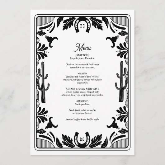 Menu Western Country Cowboy Rustique Mariage (Devant)