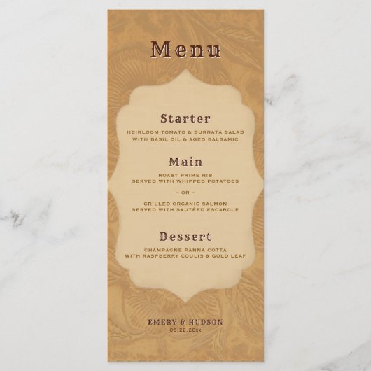 Menu Western Tooled Rustic Bronze Terracotta Wedding (Devant)