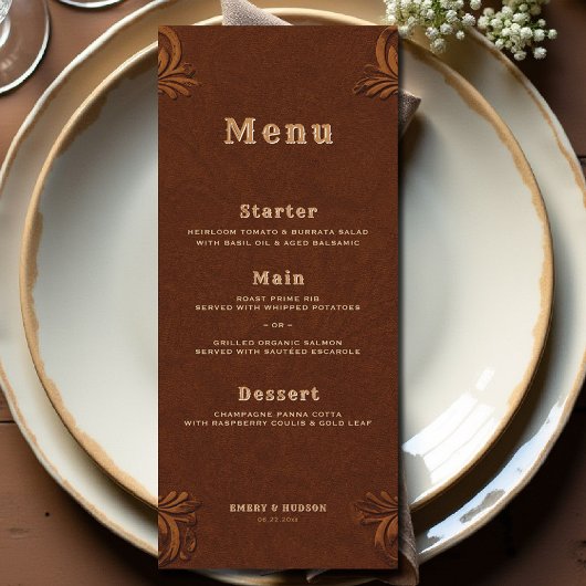 Menu Western Tooled Terracotta Rustic Cowboy Wedding