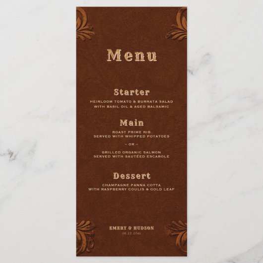 Menu Western Tooled Terracotta Rustic Cowboy Wedding (Devant)
