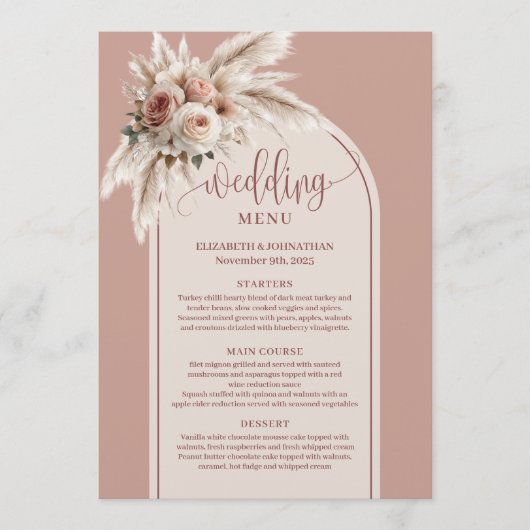 Menu Whimsical Boho Dusty Pink Pampas Floral Wedding  (Devant)