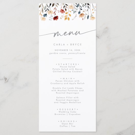 Menu Whimsical Boho Multicolor Wildflower Wedding (Devant)