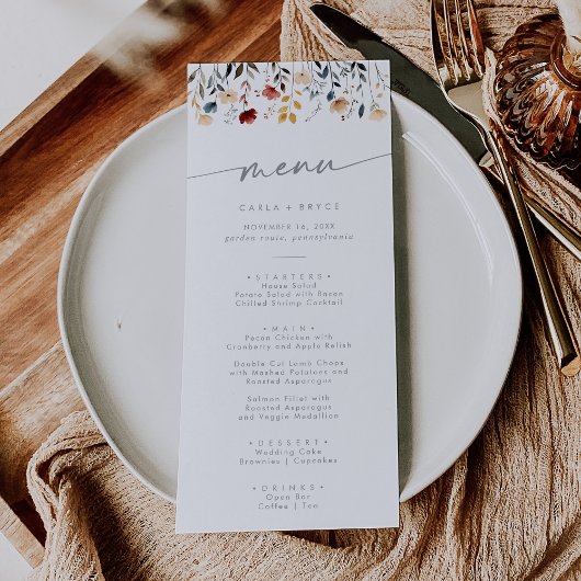 Menu Whimsical Boho Multicolor Wildflower Wedding