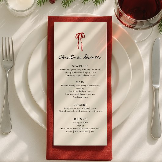 Menu Whimsical bow, Hand drawn Christmas Dinner 
