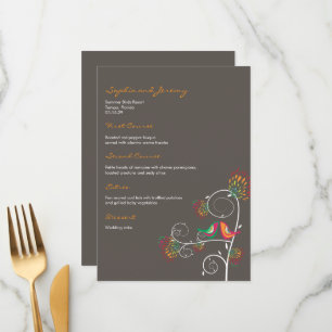 Menu Whimsical coloré baiser Mariage d'oiseaux d'été