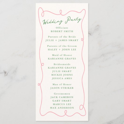 Menu Whimsical Hand Drawn Pink & Green Wedding Programm (Dos)