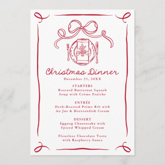 Menu Whimsical Hand-Drawn Red Bow Christmas Dinner (Devant)