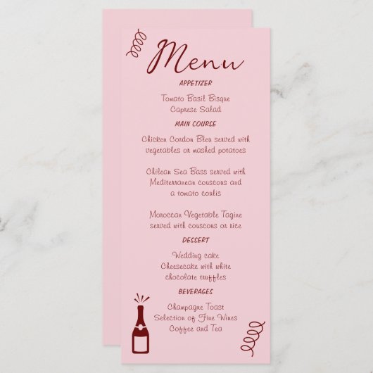 Menu Whimsical Quirky Squiggles Mariage rose (Devant / Derrière)