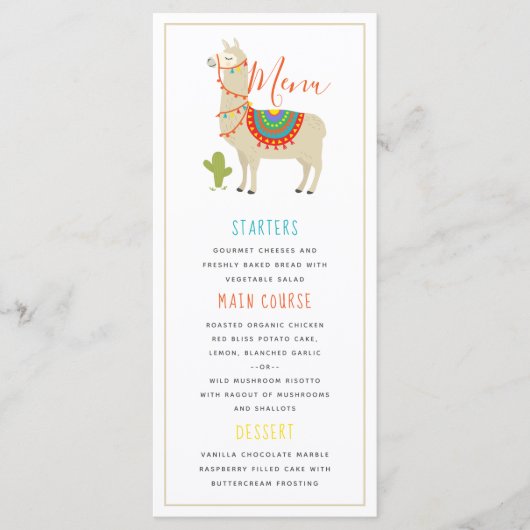Menu Whimsy Animal Llama Birthday Party (Voorkant)