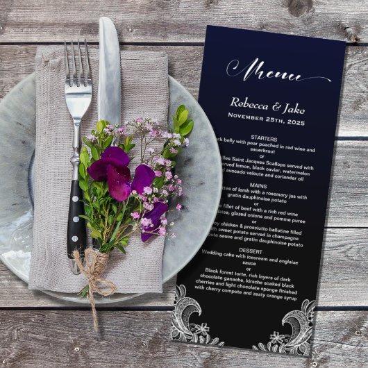 Menu White Lace Black and Blue Wedding