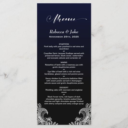 Menu White Lace Black and Blue Wedding (Voorkant)